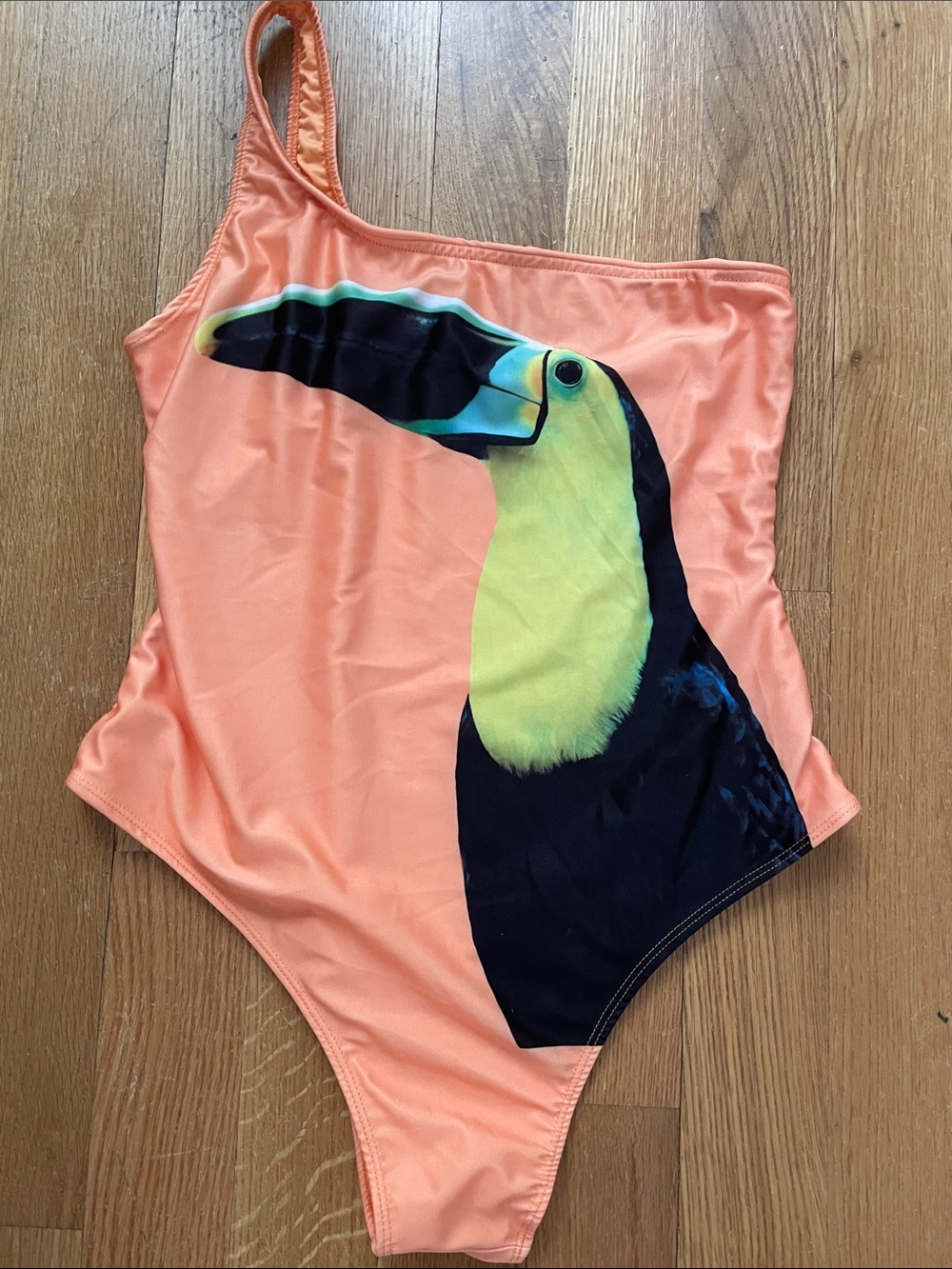 Zara Peach One-Shoulder Toucan Swim Suit Large